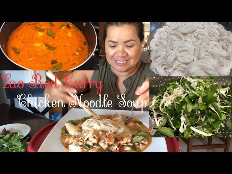 Mom Eating Lao Homemade Red Curry Chicken Noodle Soup| Khaopoon| MUKBANG