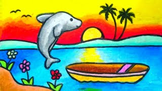 Gambar Flora Fauna Dan Alam Benda | Menggambar Lumba - lumba,Perahu,dan Bunga