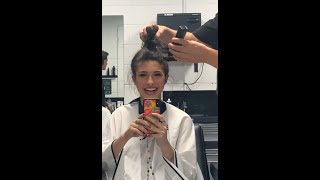 Girl shaves off her hair bun in the the salon (HD remaster and edit)