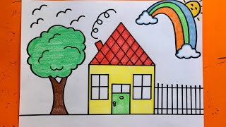 تعليم الرسم للأطفال/رسم منزل/رسم قوس قزح/رسم شجرة/رسم شمس/how to draw house/rainbow drawing/tree