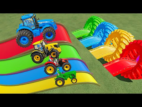 MINI & BIG TRACTOR vs SLIDE COLORS with PORTAL TRAP - TRACTORS vs DEEP WATER! FS22