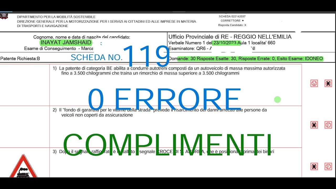PATENTE  B  superato con O ERRORE  NO. 119