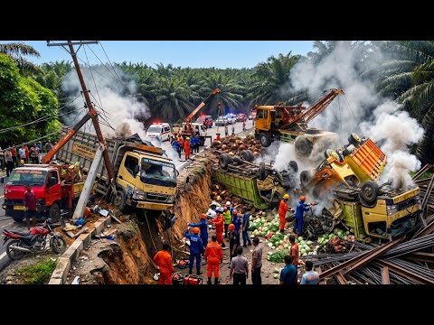 Seconds Seconds Truck Brakes Fail || Three Overturned Trucks Enter the Elephant Ditch on Frog Hill