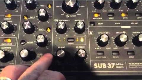 Moog Sub 37 sequencer with guitar pedals
