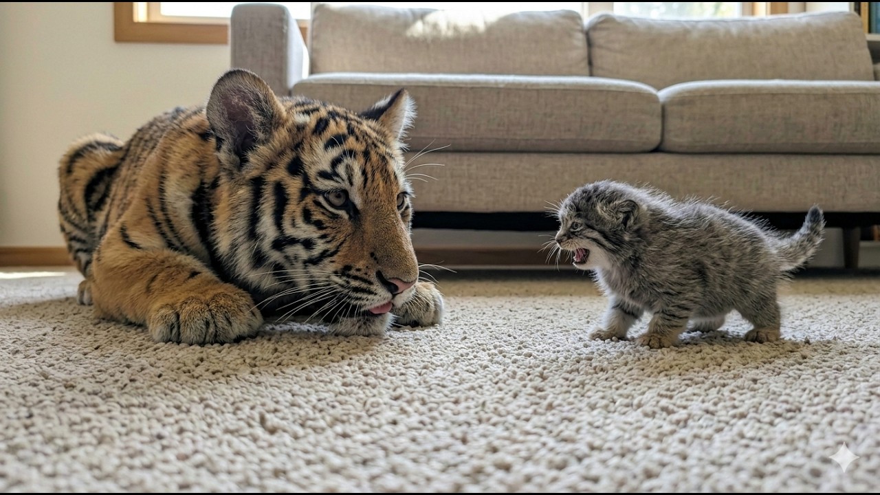 Heartwarming Reaction of a Tiger Cub at First Meeting an Abandoned Manul Kitten