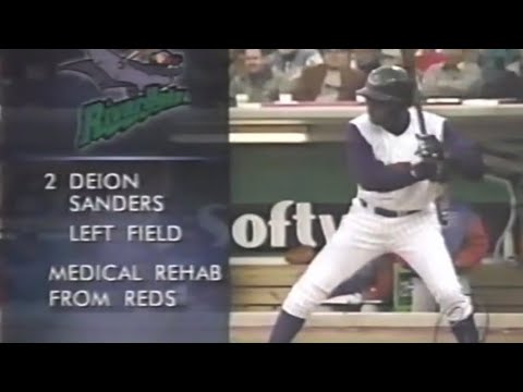 DEION SANDERS scores first run in LOUISVILLE SLUGGER FIELD while playing  for LOUISVILLE RIVERBATS 