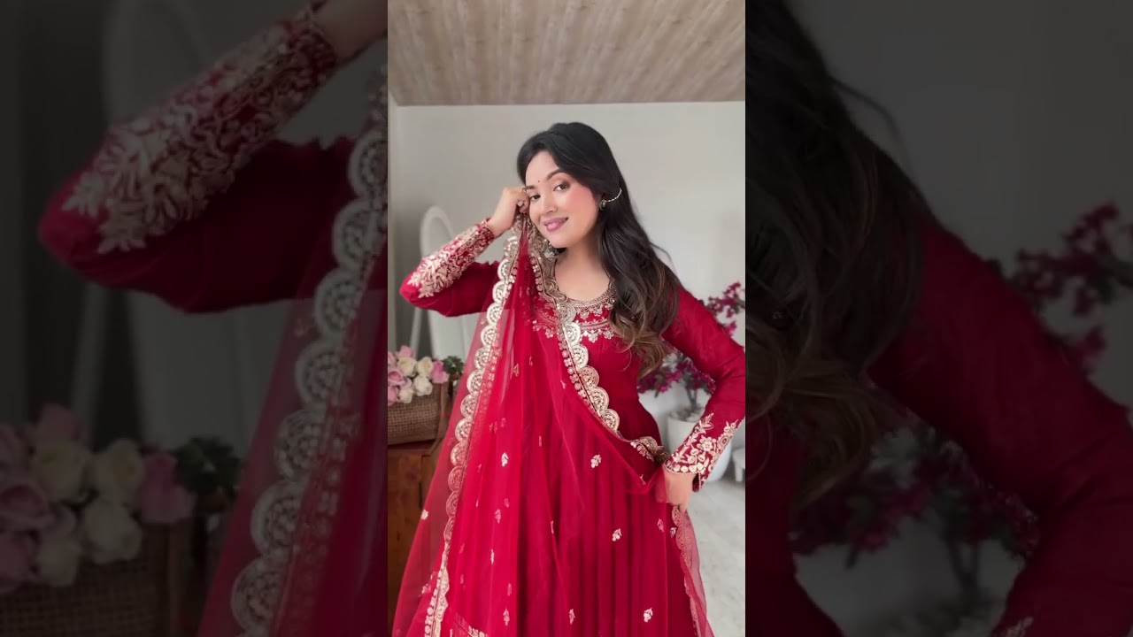 Red Sequins Embroidered Suit – Doremon Crush, Round Neck, Full Sleeves
