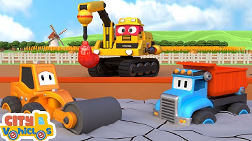 Super excavator rebuild new bridge -Excavator,Bulldozer, crane truck and loader for kids.