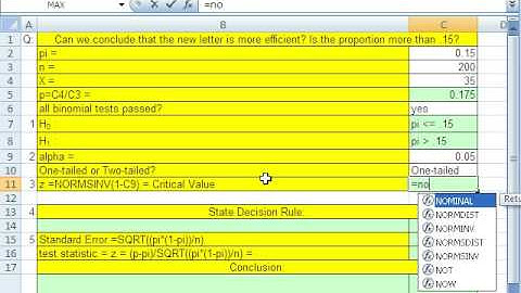 Excel Statistics 93: Hypothesis Test Proportions