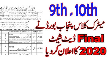10th Class Date Sheet 2020 | 9th Class Date Sheet 2020 | Matric Date Sheet 2020 | UTV