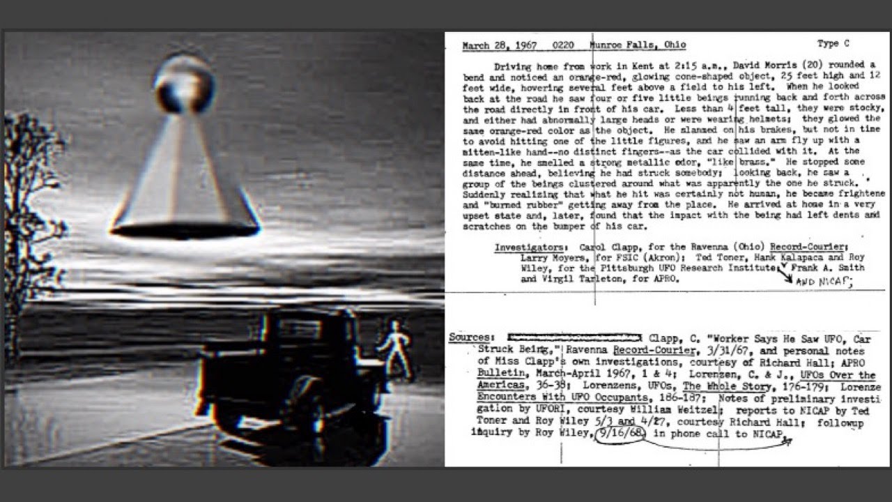 David Morris talks about hitting an alien with his car after witnessing a UFO, Munroe Falls, 1967