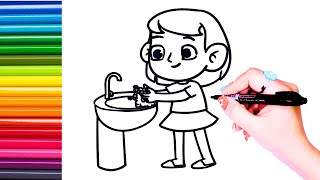 Drawing And coloring washing hands💦👐🌈💧:Drawing for kids