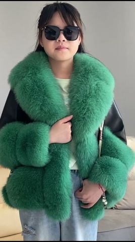 Janefur] | Women's Black Leather Coat with Green Real Fox Fur