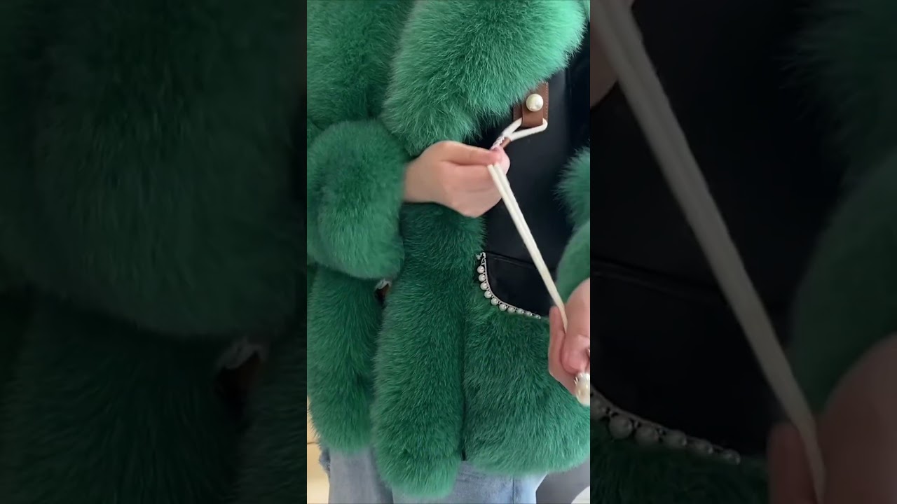 Janefur] | Women's Black Leather Coat with Green Real Fox Fur
