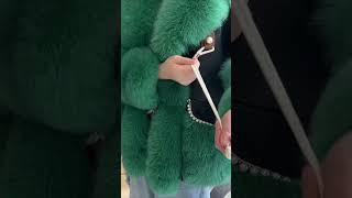 Janefur] | Women's Black Leather Coat with Green Real Fox Fur