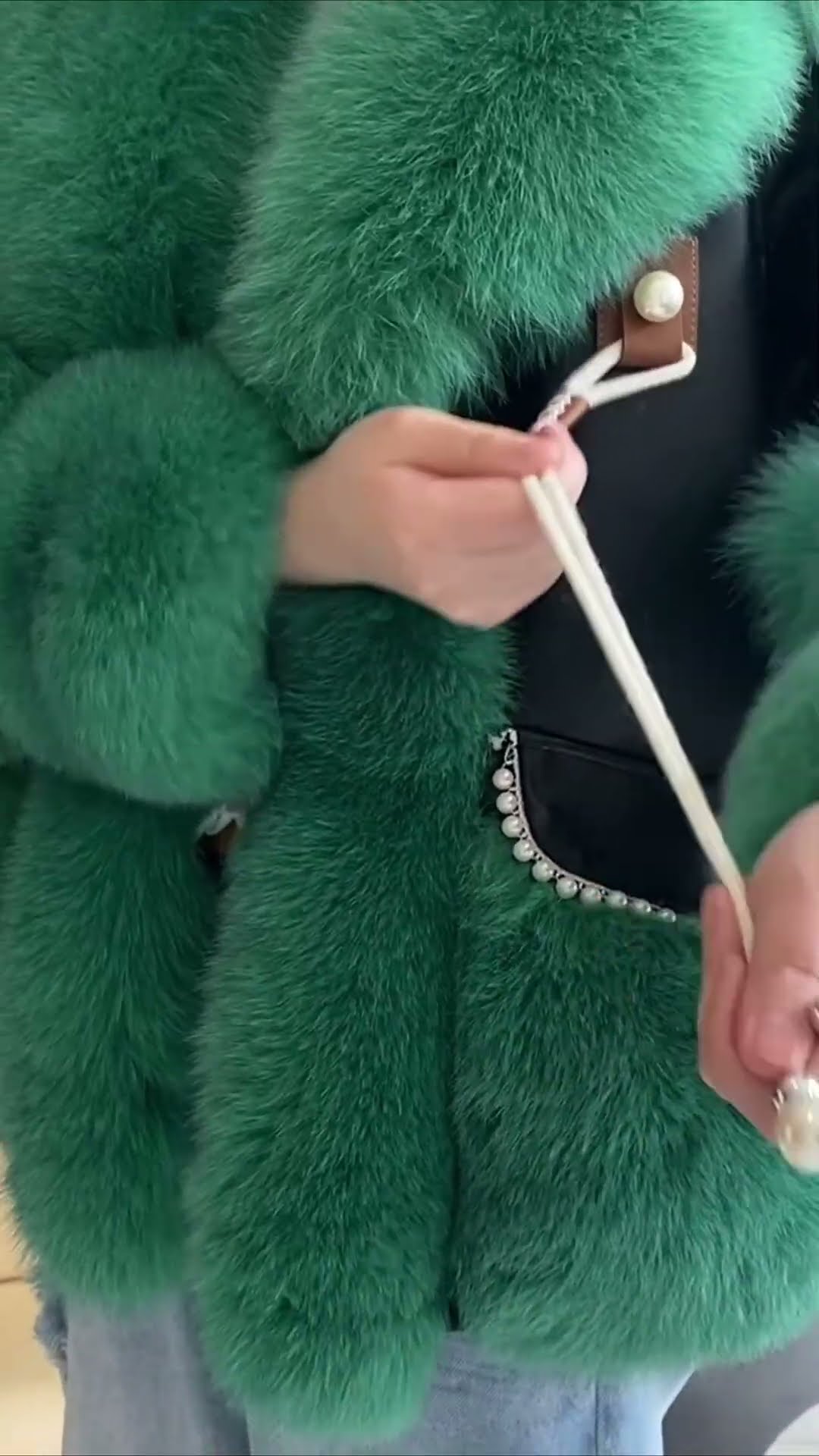 Janefur] | Women's Black Leather Coat with Green Real Fox Fur