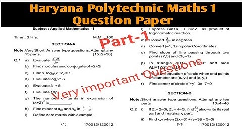 Applied Mathematics 1 Solved Question Paper for Haryana Polytechnic Diploma Engineering Part-1