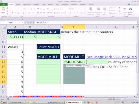 Excel Magic Trick 761: Formula Displaying Multiple Modes & Counting Modes Excel 2010 MODE.MULT