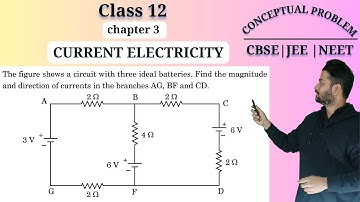 The figure shows a circuit with three ideal batteries. Find the magnitude and direction of currents