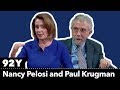 House Democratic Leader Nancy Pelosi talks with New York Times columnist Paul Krugman
