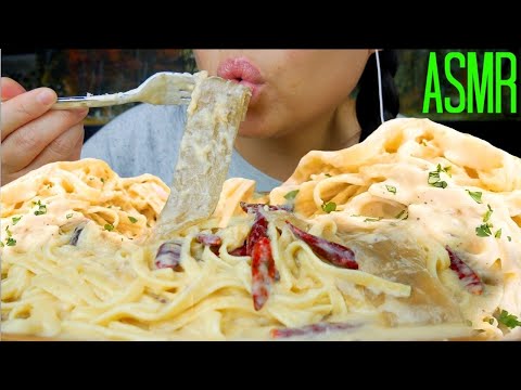 ASMR Spicy Fettuccine Alfredo ♥Wide Chinese Noodles ♥ (+recipe) 먹방 No Talking suellASMR