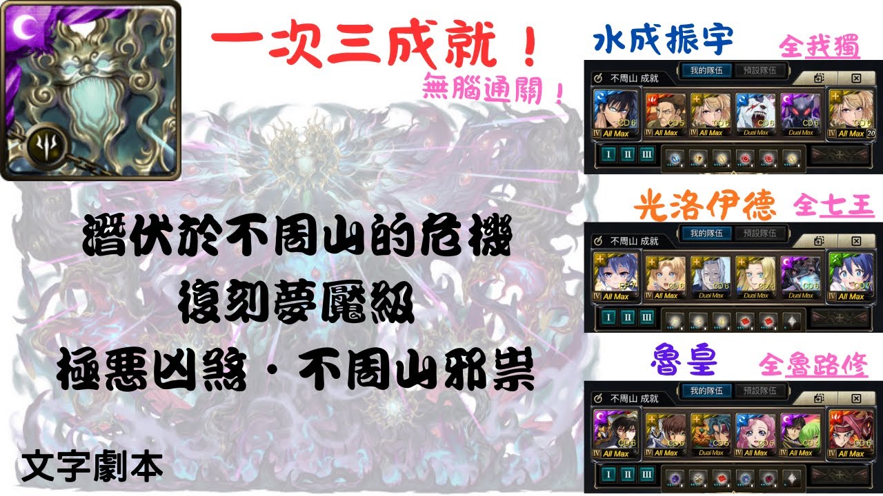 【神魔】潛伏於不周山的危機 復刻夢魘級  水成振宇/光洛伊德/魯皇 3隊 一次三成就！無腦通關！(極惡凶煞•不周山邪祟 夢魘級)(附文字劇本)