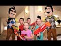 Nerf Battle:  Payback Time vs Twin Hello Neighbor Part 3 (Trinity and Beyond Saves the Day)