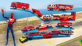 GTA 5 Spiderman MOD, Loading Rescue & police Cars, Jeep, Trucks, buses, Tractors Into Big Truck