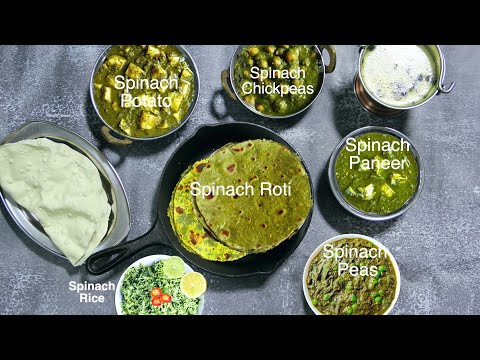 One Spinach Gravy Multiple Recipes Video Palak Paneer Potato Peas Chickpeas Rice | Bhavna