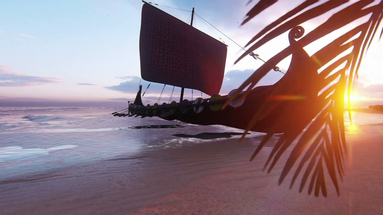 Medieval background with ancient ship, evening ocean and palm leaves - Ocean Wallpaper