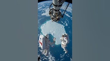 Astronauts on a spacewalk, tethered to the ISS. Earth