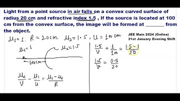 Light from a point source in air falls on a convex curved surface of radius 20 cm and