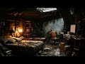 Postapocalyptic outpost in the rainy forest cave scifi ambiance for sleep study relaxation