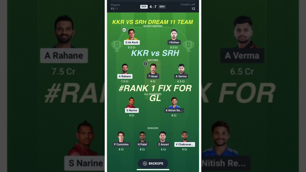 KKR vs SRH Dream11 Prediction | KKR vsSRH Dream11 Team Of Today Match | KKR vsSRH | 