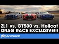 Ford mustang shelby gt500 contre dodge challenger hellcat redeye contre chevy camaro zl1 1le  course de dragsters
