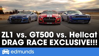 Ford Mustang Shelby GT500 vs Dodge Challenger Hellcat Redeye vs Chevy Camaro ZL1 1LE Drag Race