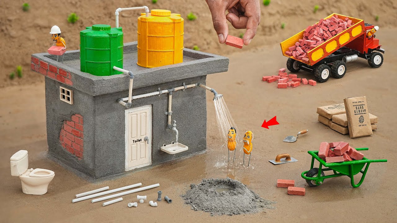 diy mini Bricks Toilet Construction with Water Supply | engineering science project @sanocreator