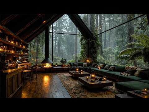 Smooth Jazz Playlist at a Rainy Forest Glass Cabin Café☕Cozy Fireplace & Rain Sounds for Focus, Work