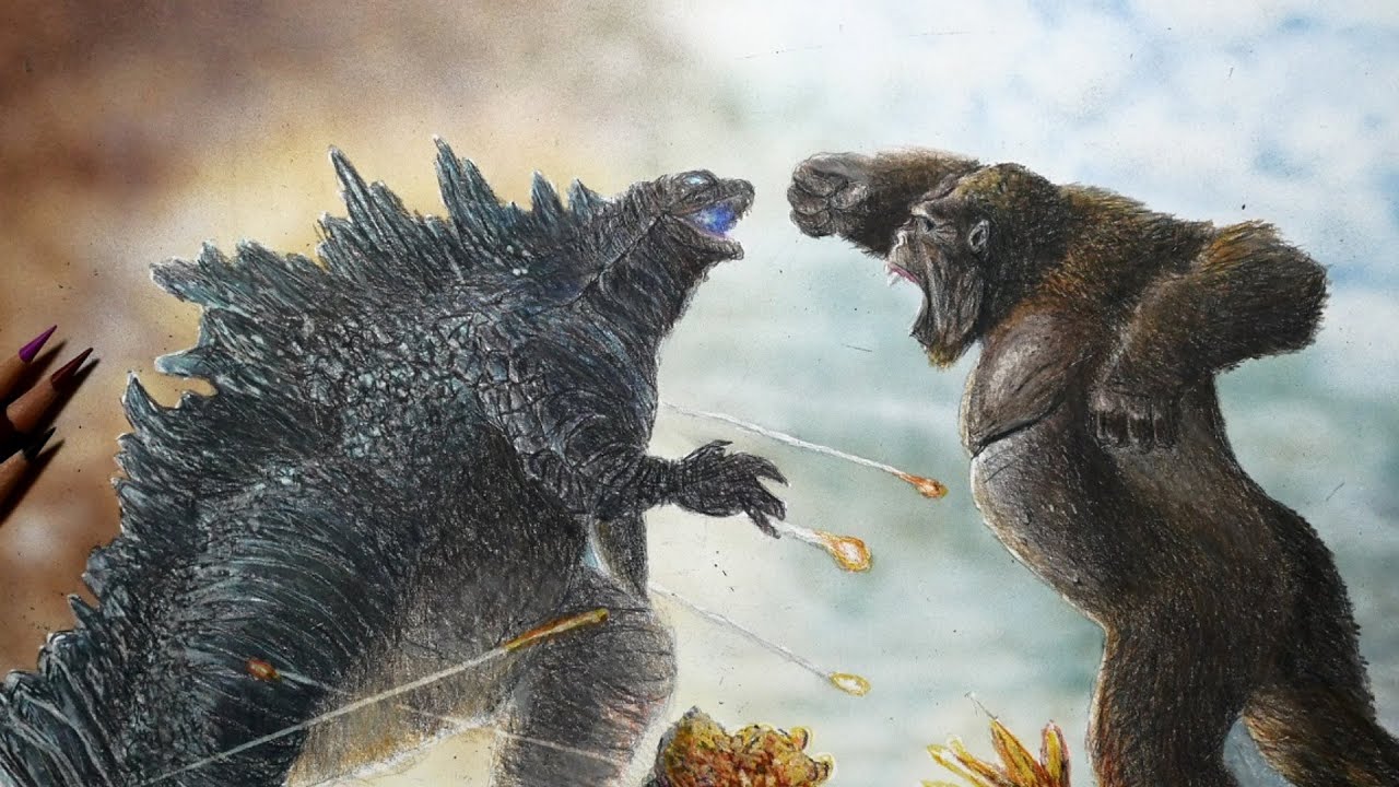 ゴジラvsコングを描いてみた 色鉛筆画 Draw Godzilla Vs Kong Youtube