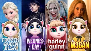 My Talking Angela 2  Wednesday Addams vs M3gan vs Elsa vs Harley Quinn