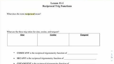 Alg 2 Unit 11 Lesson 1 Reciprocal Trig Functions