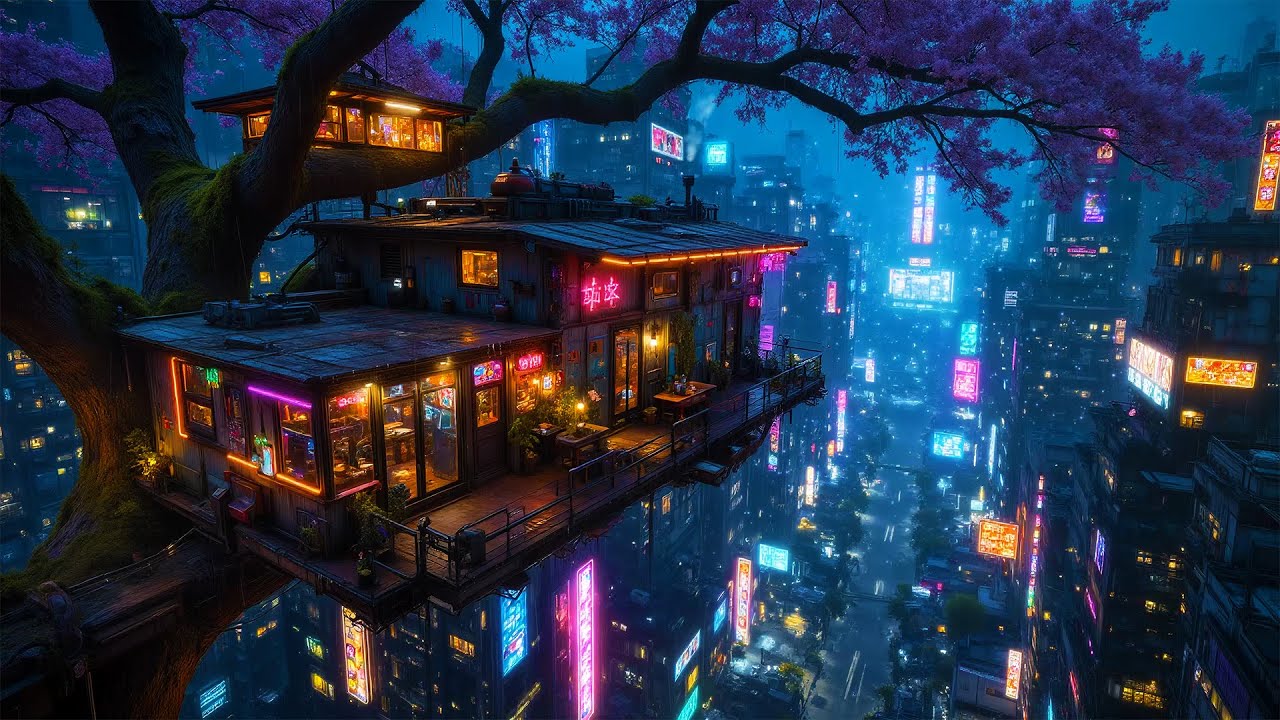 Lofi Ambient – Sakura Treehouse in a Rainy Neon Cyberpunk City | Chill Beats for Study & Sleep | 4K