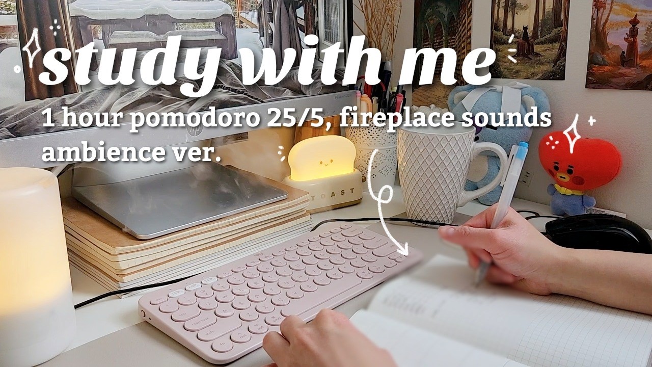 1 HOUR STUDY WITH ME ☃️ pomodoro 25/5, fire crackling sounds, writing, no music, cozy ambience