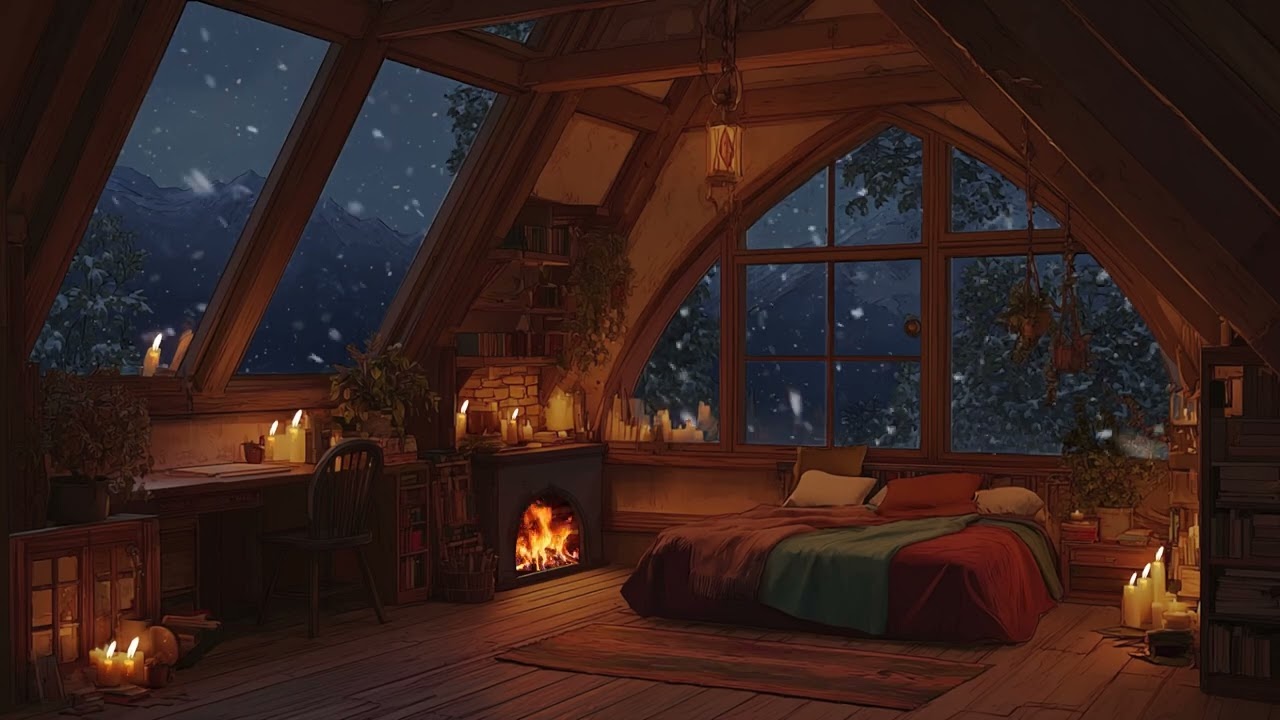 Cozy Indoor Ambience with Fireplace and Gentle Winter Breeze for Sleep & Study