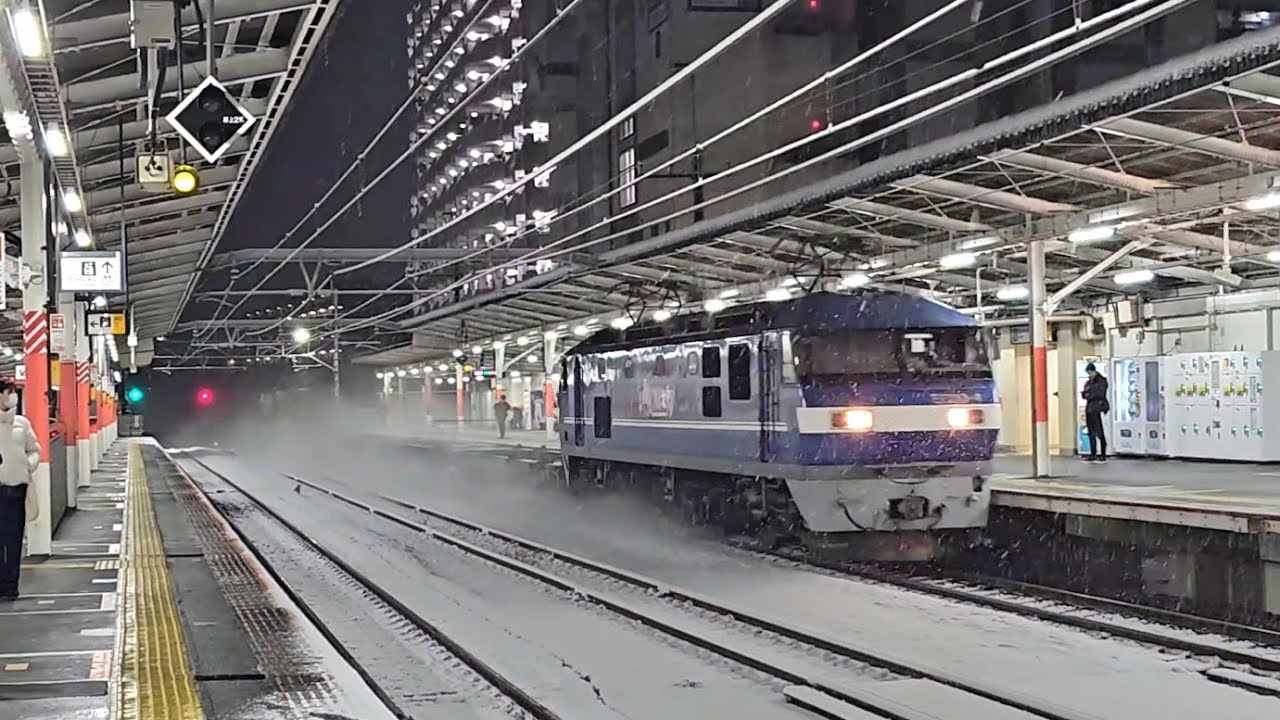 【雪を舞い上げる桃太郎！】【警笛有り！】JR貨物EF210-4号機[岡](新塗装・菱パン)＋コキ22両 雪景色の西国分寺駅を通過