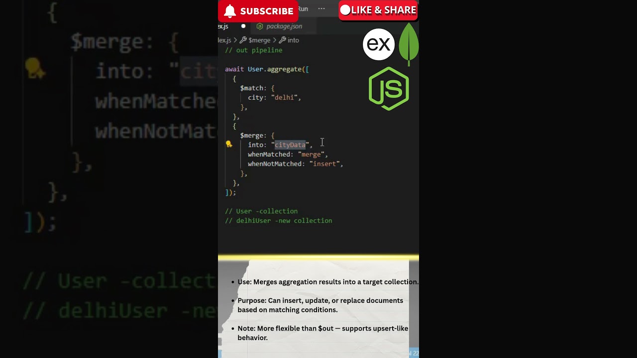 Mongoose Aggregation $merge Stage Explained | Update or Insert Data into Collection | Mongoose Node