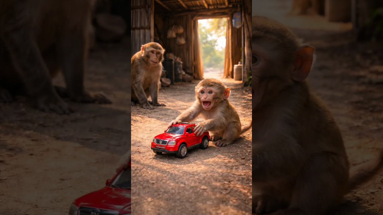 A monkey steals a toy car for his child 