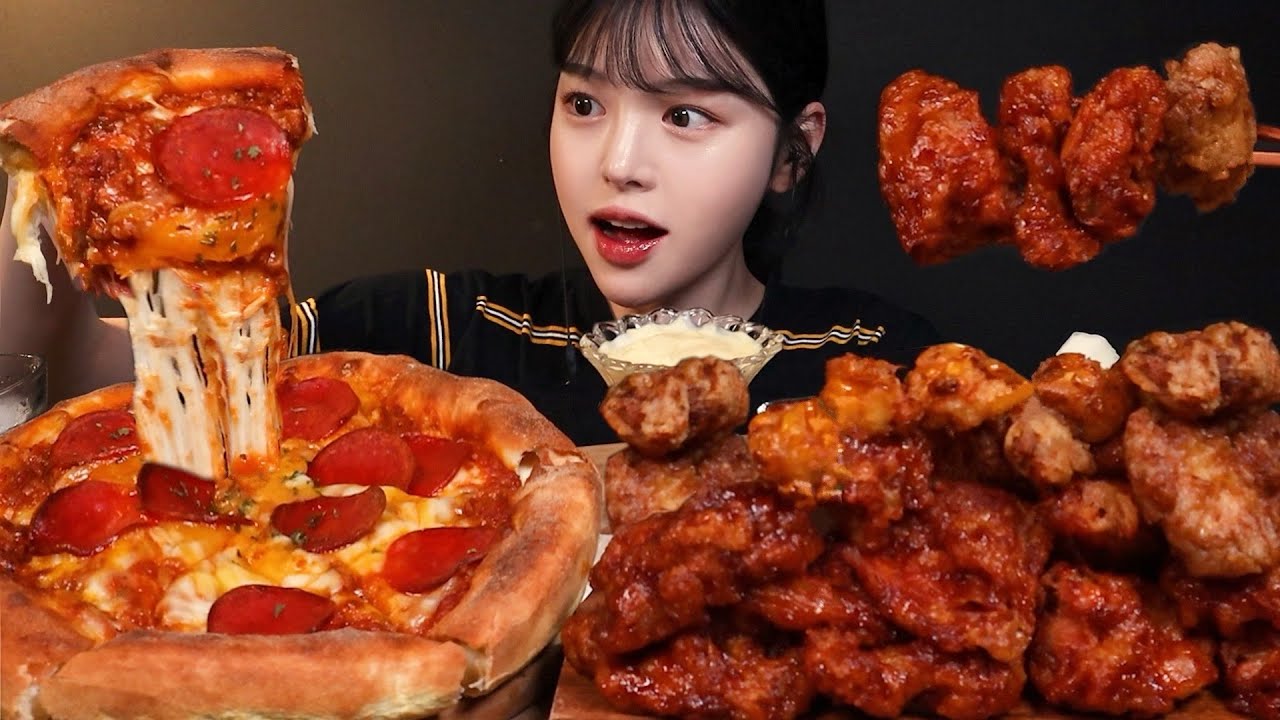 SUB)느끼하고 자극적인게 땡기는 날! 치즈 줄줄 라자냐 시카고피자에 교촌 레드 치킨 먹방 꿀조합 리얼사운드 Pizza & Chicken Mukbang Asmr