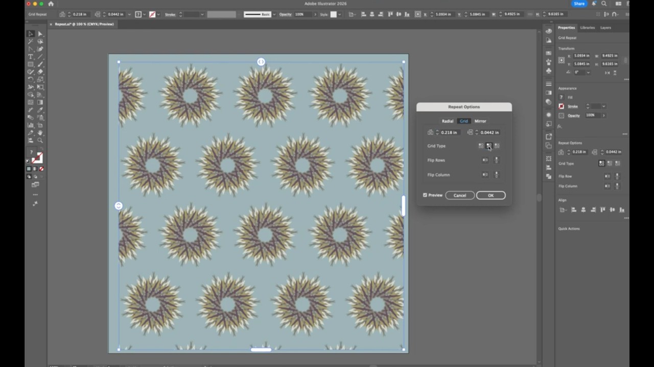 Illustrator: Blends, Repeat, Objects on a path, brushes, blob brush, and drawing modes
