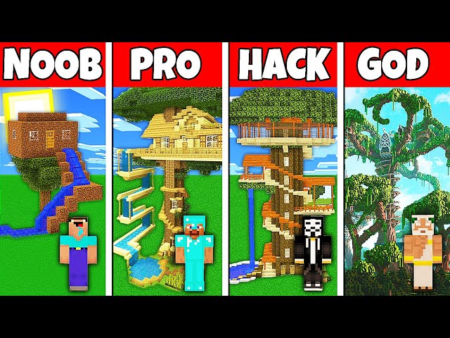 Minecraft Battle: NOOB vs PRO vs HACKER vs GOD! TREE HOUSE WITH WATER SLIDE BUILD CHALLENGE class=